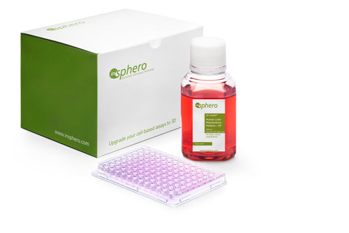 An image showing InSphero's product box including the Human Liver Microtissue, Maintenance Medium - AF and an Akura 96 plate